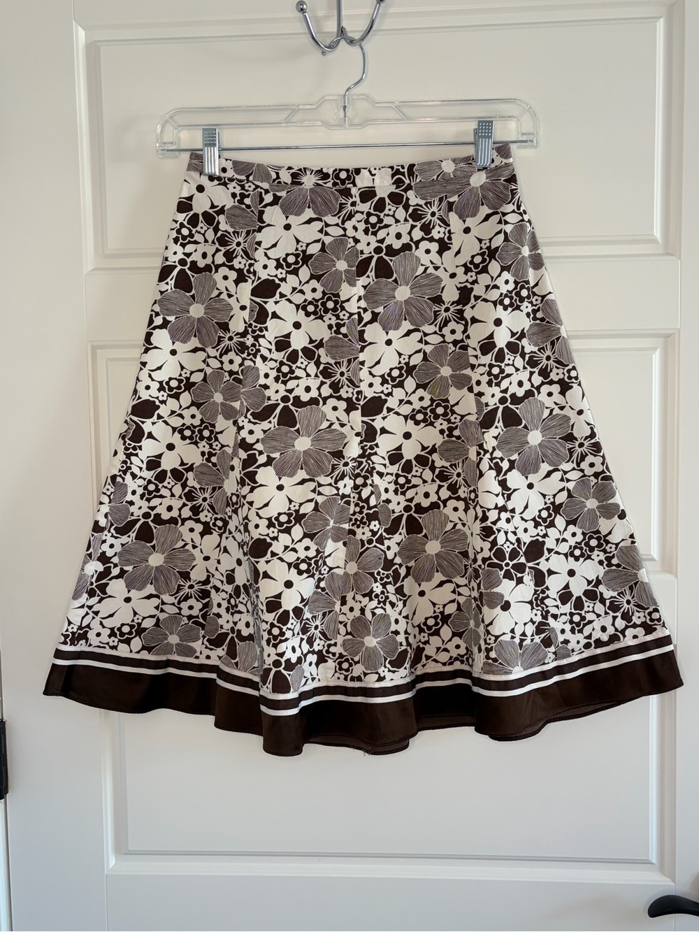 Perceptions Brown White Floral Cottagecore Pull On Cotton Midi Skirt  Size 10
